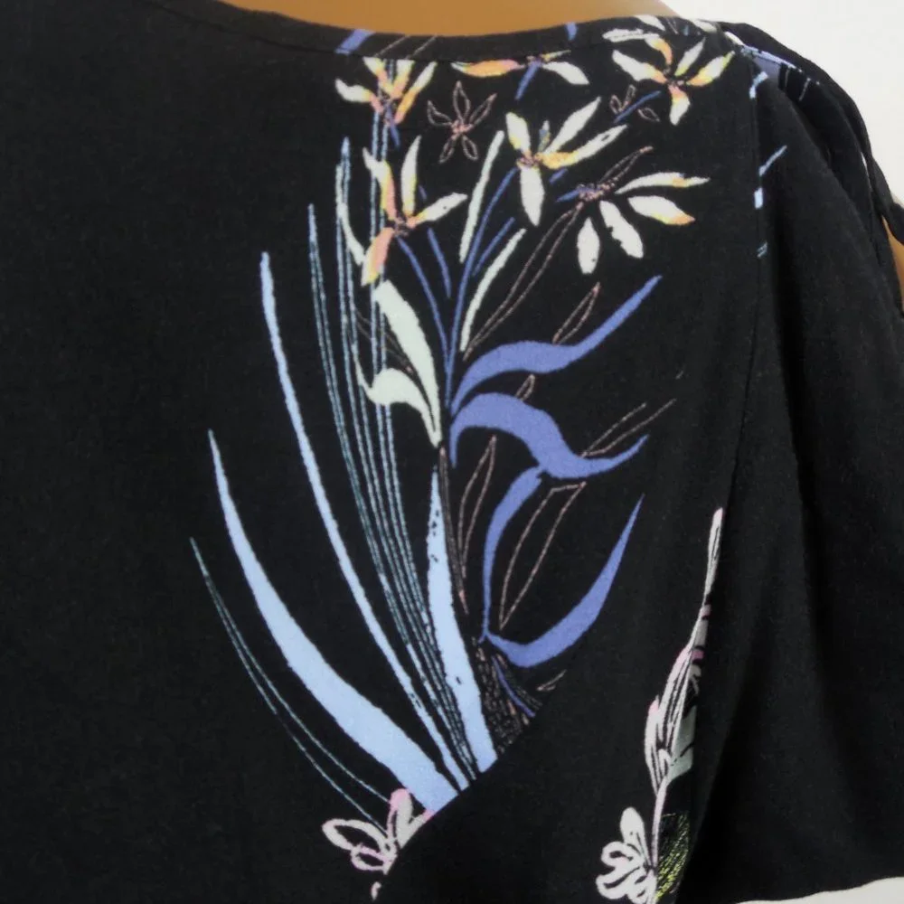 FREE PEOPLE Top M Black Floral Tunic Shirt Tie Cold Shoulder Long Sleeves Casual - Picture 10 of 13